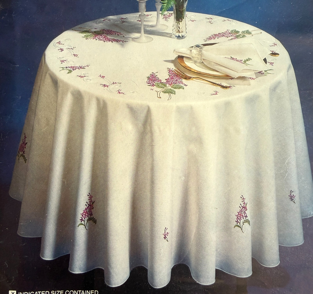 Tobin Stamped Tablecloth Lilac 2700/19 Oblong 58" x 90" Cross Stitch Floral NOS